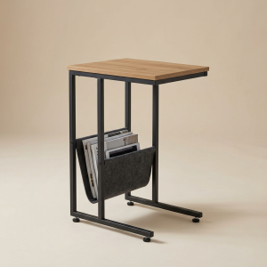 C-Shaped Wood Sofa Side Table with Magazine Shelf
