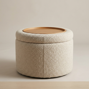 Boucle Upholstered Storage Ottoman with Wood Tray Lid
